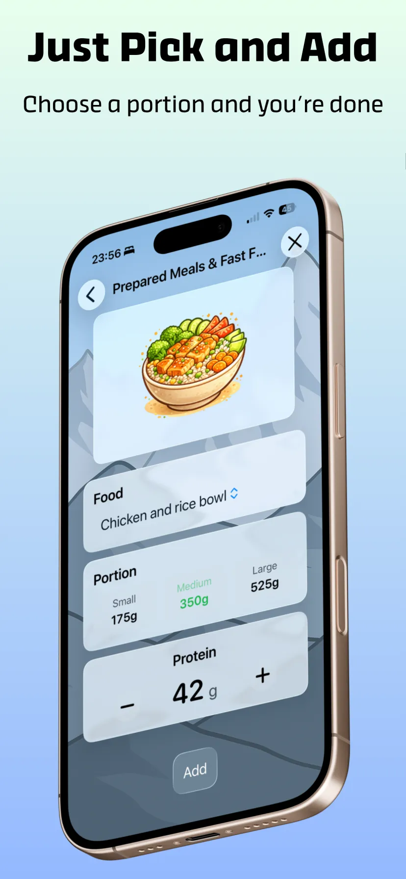 Just pick a food and add it — log protein in seconds in ProteinYeti